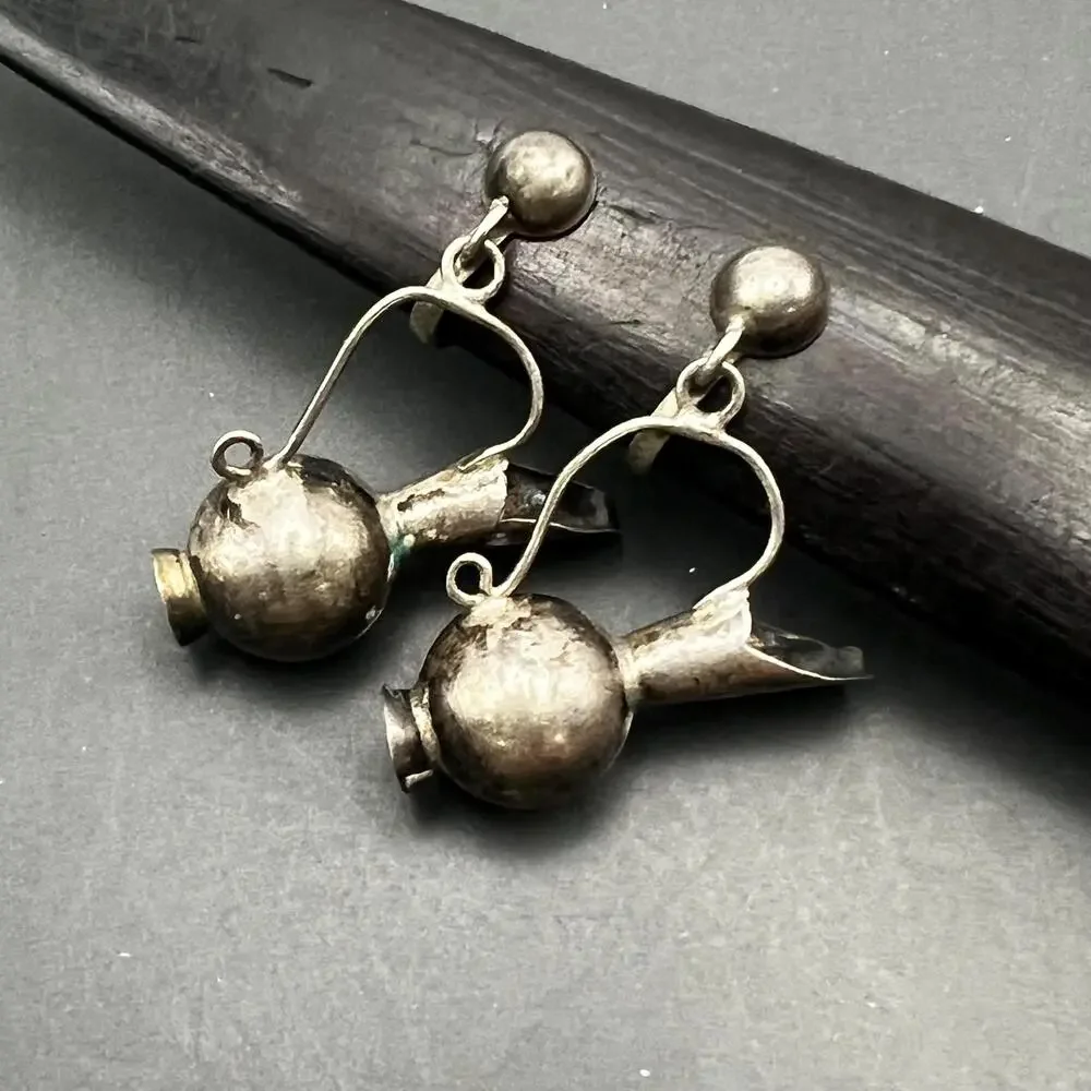 Vintage Mexican Mexico Sterling Silver Pitcher Dangle Screw- back Earrings